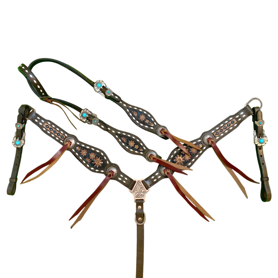 Decorative horse bridle with feathers on a white background