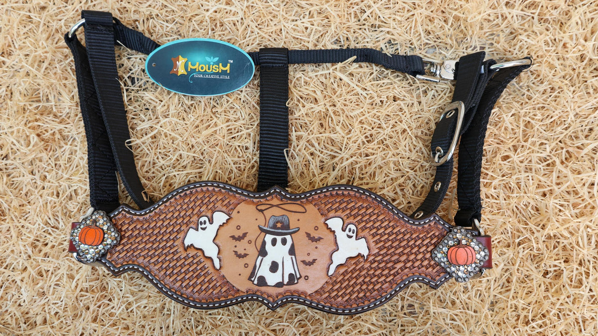 spooky halloween theme bronc halter ghost cowboy print with basket tooling and concho