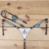 headstall and breast collar set with arrow shaped teal and white rawhide braiding and racer motif engraving on white cowhide