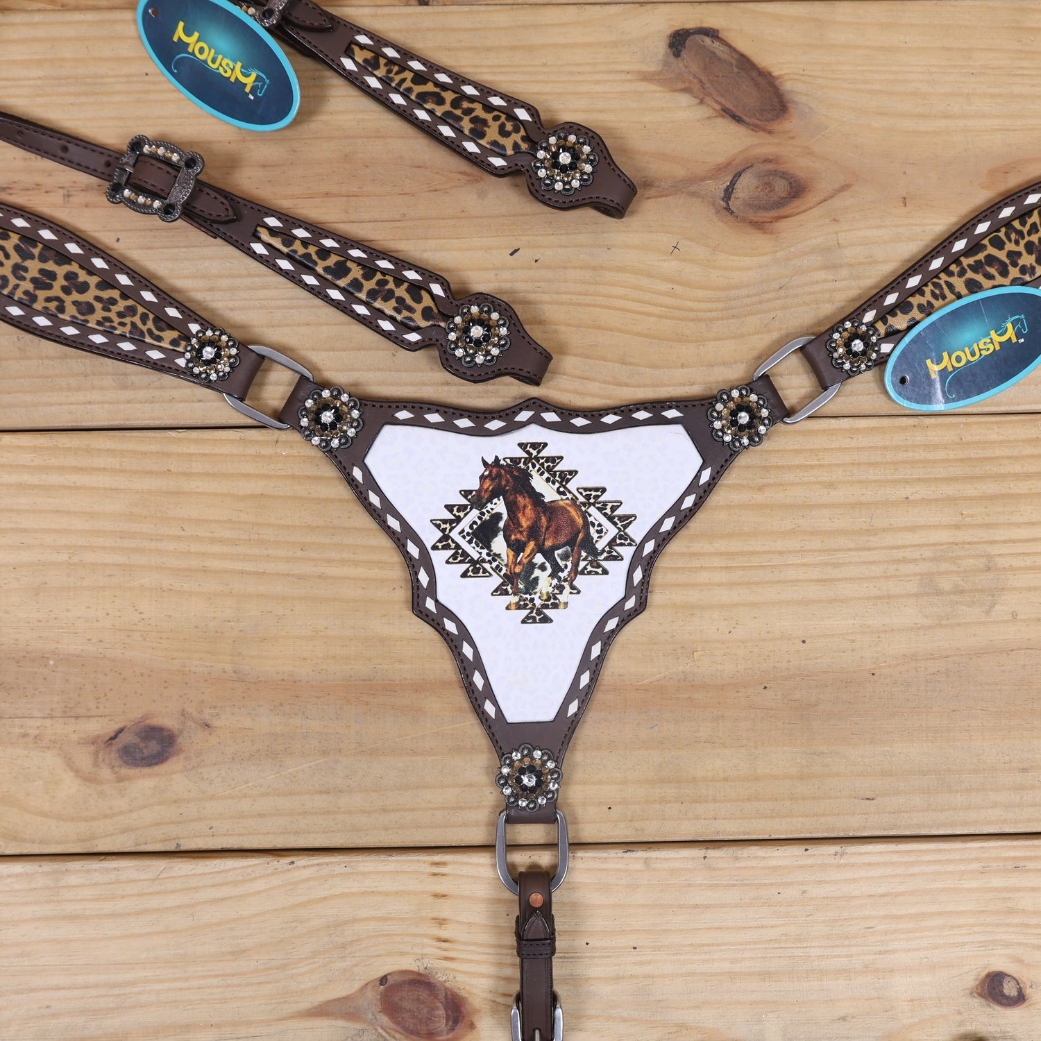 western leather breastplate with running horse print and leopard leather inlay