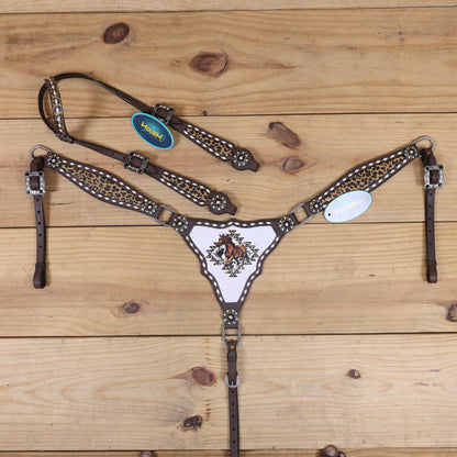 running horse print western breast collar with rawhide buck stitching and leopard print inlay