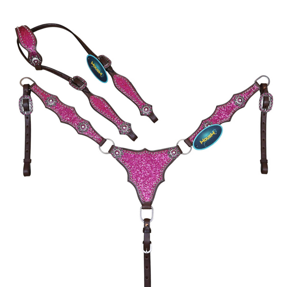 hot pink glitter Western set featuring Argentina cow leather, rhinestone conchos, silver studs and alligator design.