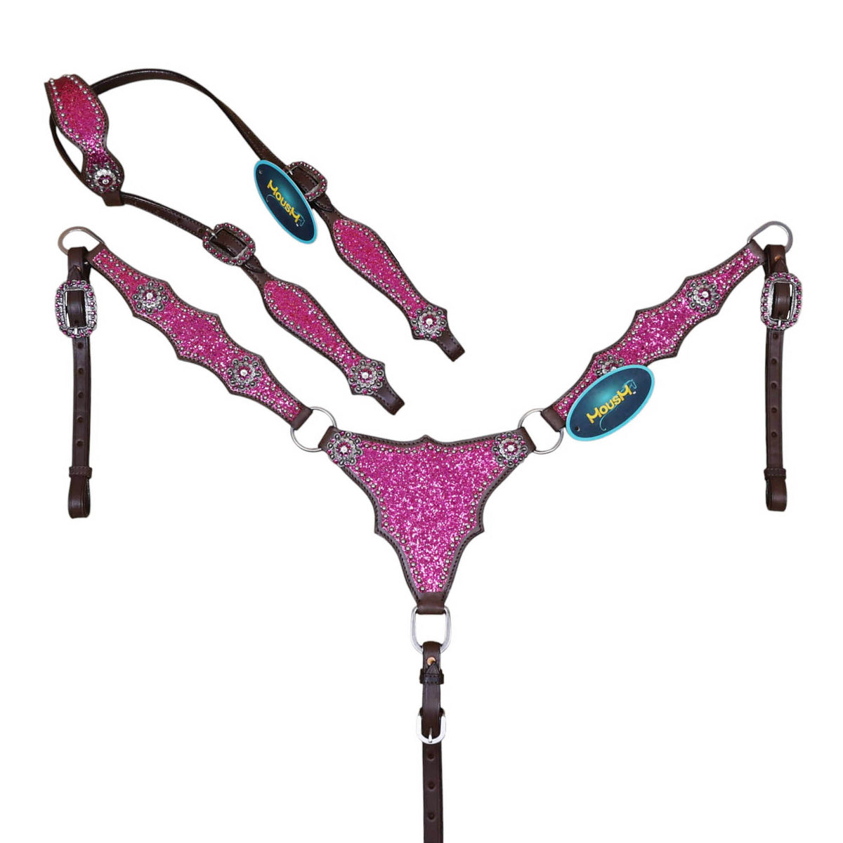 hot pink glitter Western set featuring Argentina cow leather, rhinestone conchos, silver studs and alligator design.