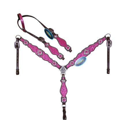 Pink Glitter Western horse tack crafted from Genuine Argentina Cow Leather with rhinestone conchos, silver studs and antique nickel hardware.