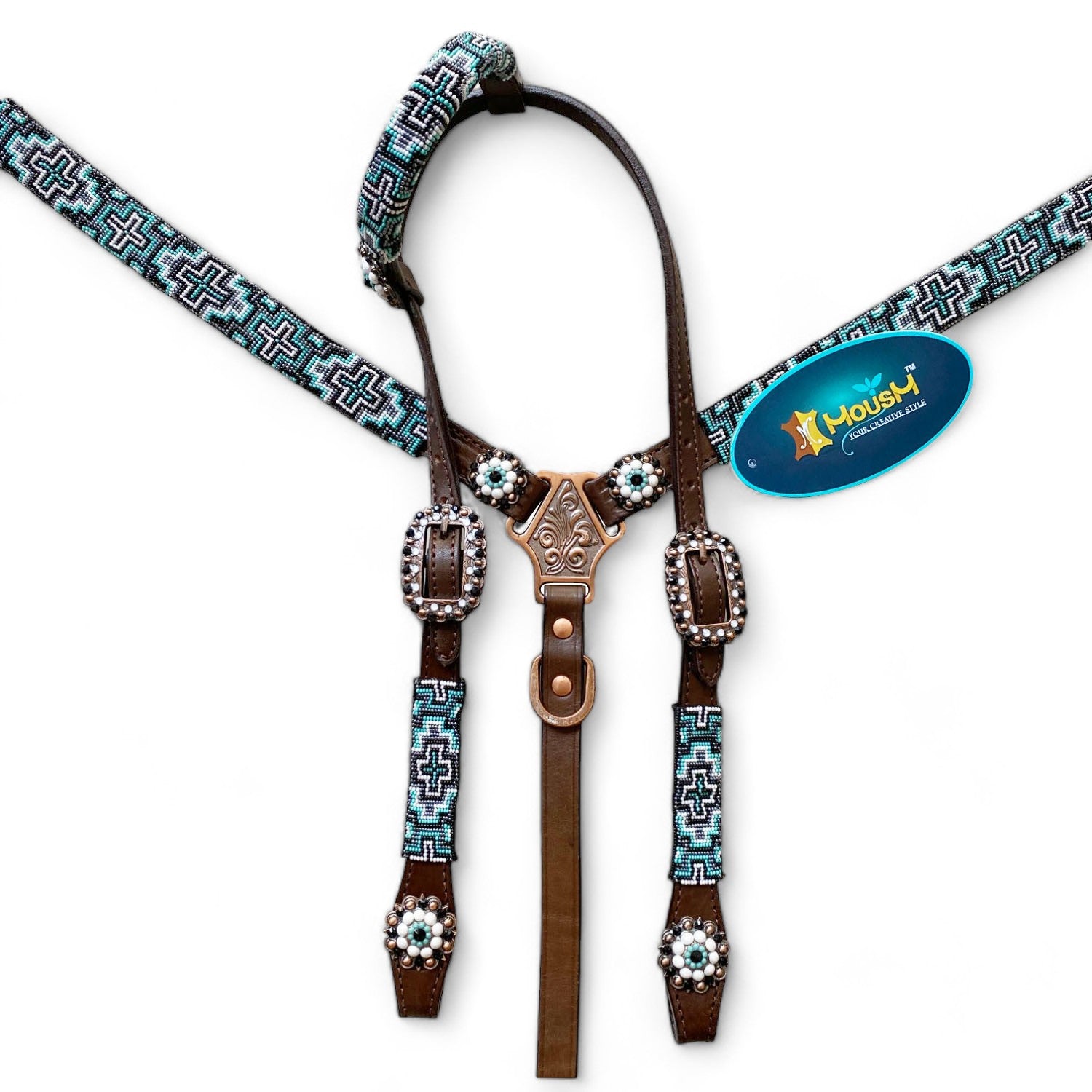 MOUSM Argentina Cow Leather Headstall &amp; Breast Collar with Wither Strap – Western Leather Tack Set with Turquoise Beaded Southeastern Pattern &amp; Matching Conchos