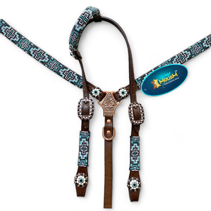 MOUSM Argentina Cow Leather Headstall &amp; Breast Collar with Wither Strap – Western Leather Tack Set with Turquoise Beaded Southeastern Pattern &amp; Matching Conchos