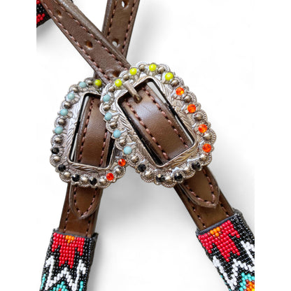 MOUSM Argentina Cow Leather Headstall &amp; Breast Collar with Wither Strap – Western Horse Tack Set with Turquoise &amp; Red Beaded Aztec Pattern and Rhinestones Conchos
