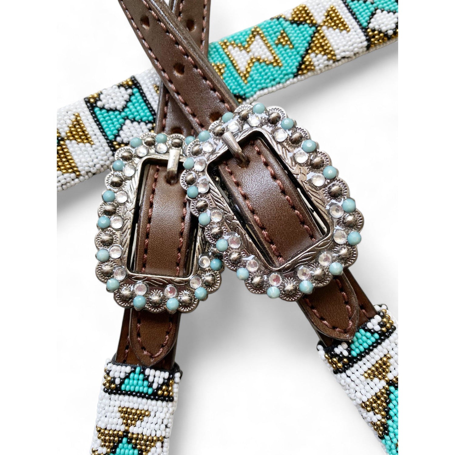 MOUSM Western Headstall &amp; Breast Collar Set – Decorated with Argentina Cow Leather with Turquoise &amp; White Hand-Beaded  Southwestern Pattern &amp; Rhinestone Buckles