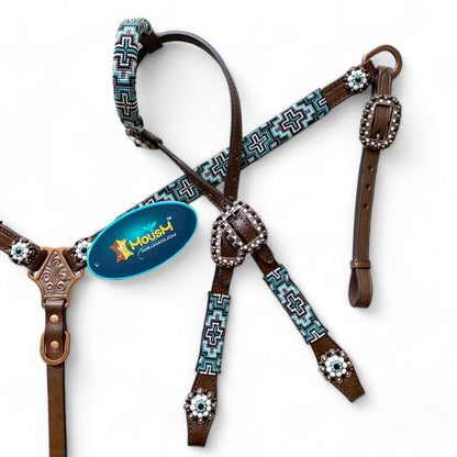 MOUSM Argentina Cow Leather Headstall &amp; Breast Collar with Wither Strap – Western Leather Tack Set with Turquoise Beaded Southeastern Pattern &amp; Matching Conchos