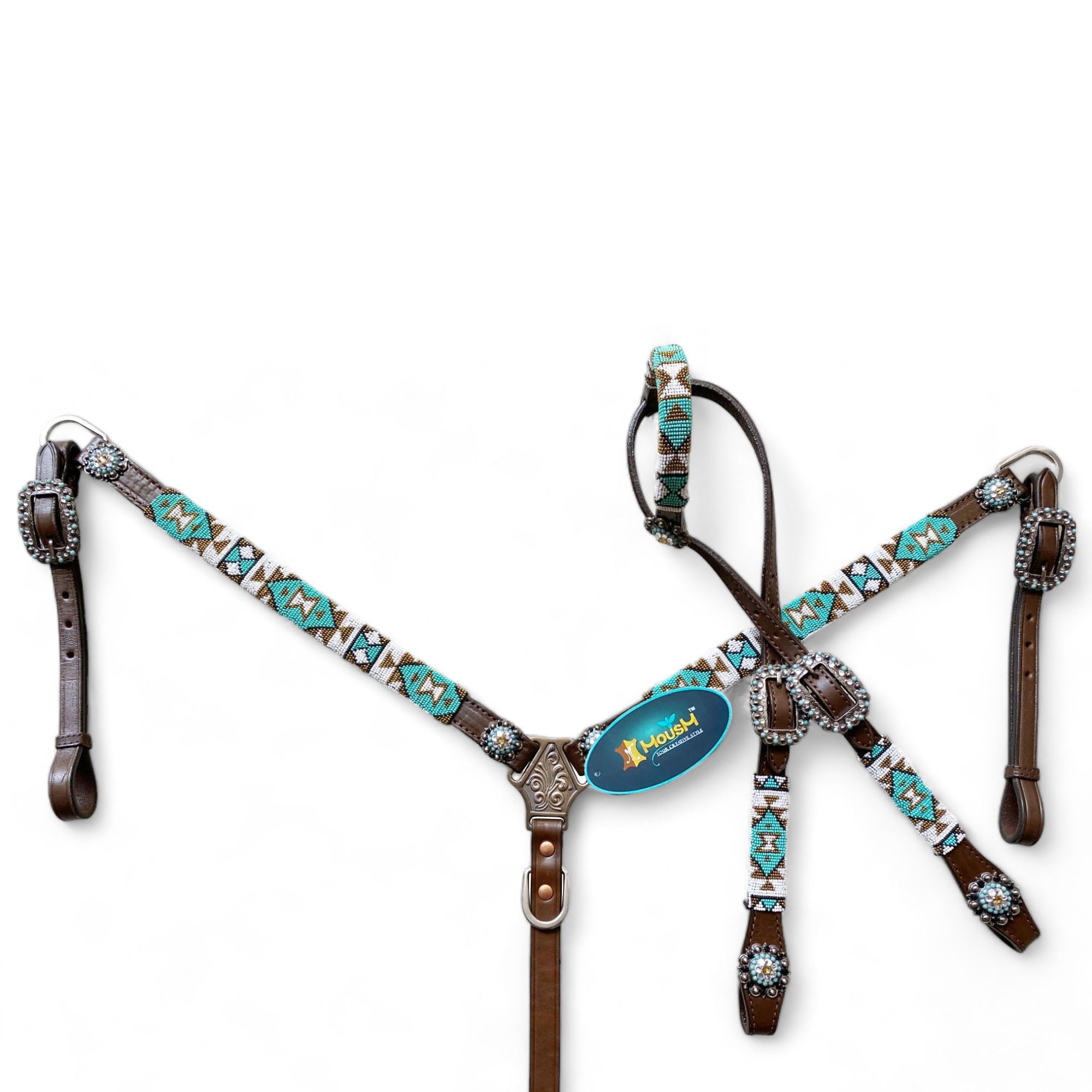 MOUSM Western Headstall &amp; Breast Collar Set – Decorated with Argentina Cow Leather with Turquoise &amp; White Hand-Beaded  Southwestern Pattern &amp; Rhinestone Buckles