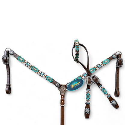 MOUSM Western Headstall &amp; Breast Collar Set – Decorated with Argentina Cow Leather with Turquoise &amp; White Hand-Beaded  Southwestern Pattern &amp; Rhinestone Buckles