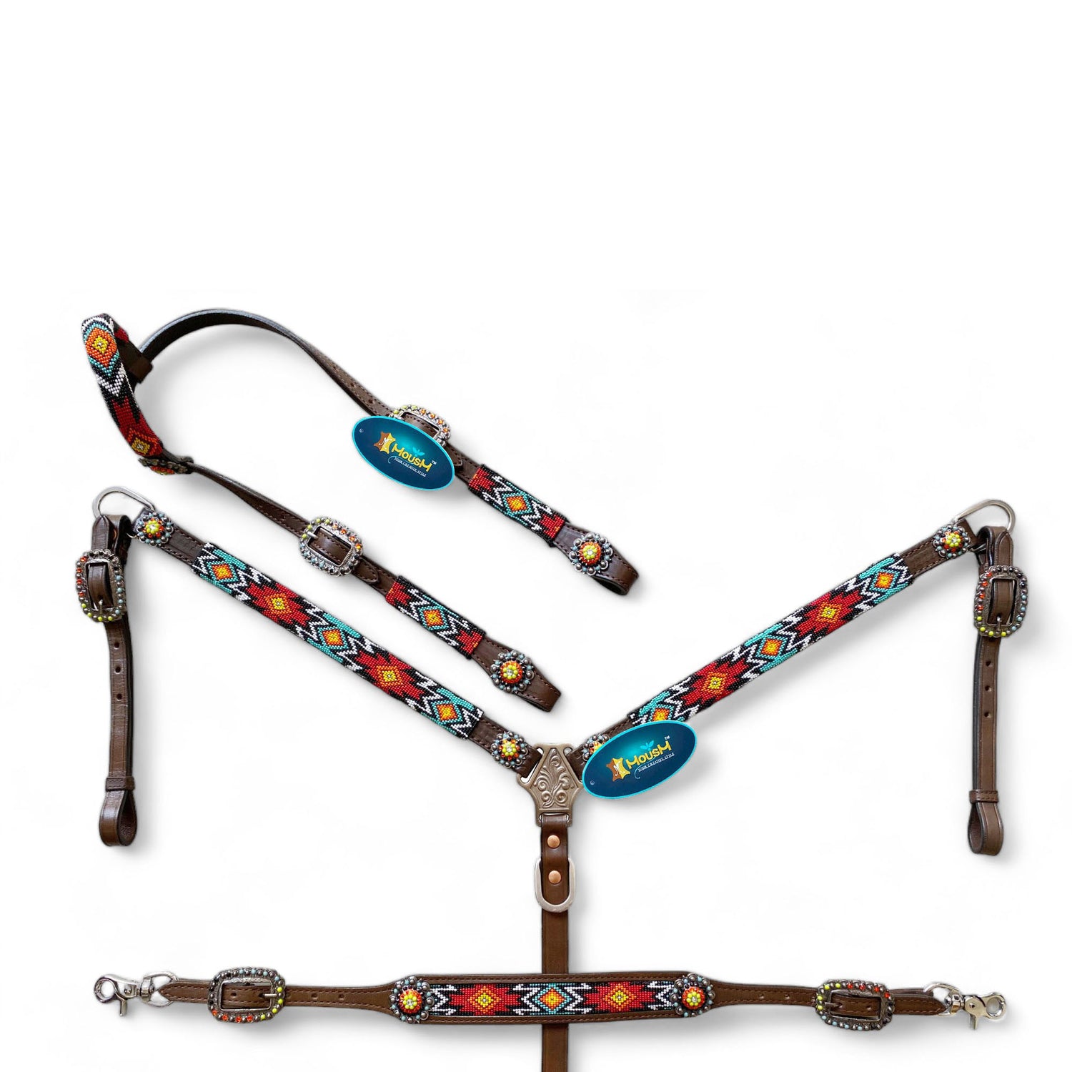 MOUSM Argentina Cow Leather Headstall &amp; Breast Collar with Wither Strap – Western Horse Tack Set with Turquoise &amp; Red Beaded Aztec Pattern and Rhinestones Conchos