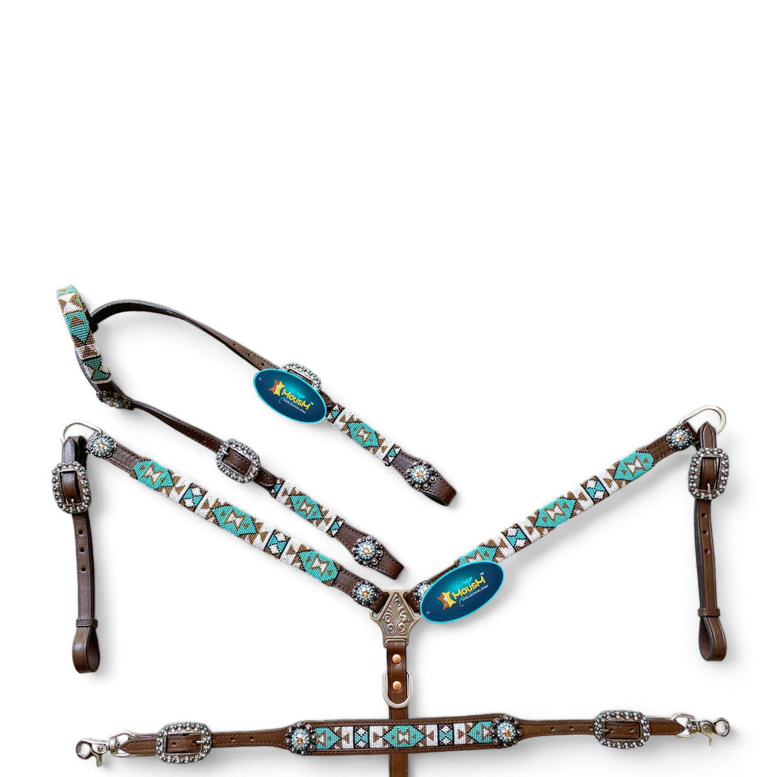 MOUSM Western Headstall &amp; Breast Collar Set – Decorated with Argentina Cow Leather with Turquoise &amp; White Hand-Beaded  Southwestern Pattern &amp; Rhinestone Buckles