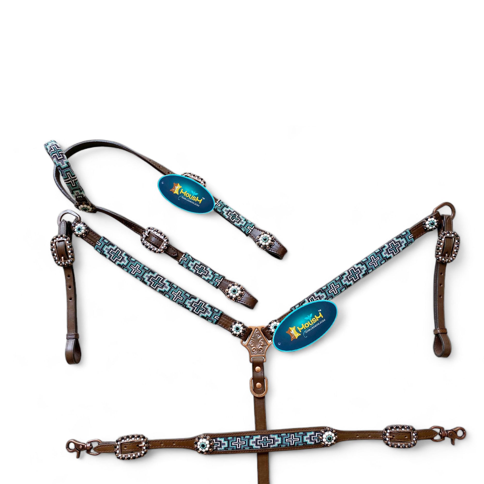 MOUSM Argentina Cow Leather Headstall &amp; Breast Collar with Wither Strap – Western Leather Tack Set with Turquoise Beaded Southeastern Pattern &amp; Matching Conchos