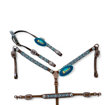 MOUSM Argentina Cow Leather Headstall &amp; Breast Collar with Wither Strap – Western Leather Tack Set with Turquoise Beaded Southeastern Pattern &amp; Matching Conchos