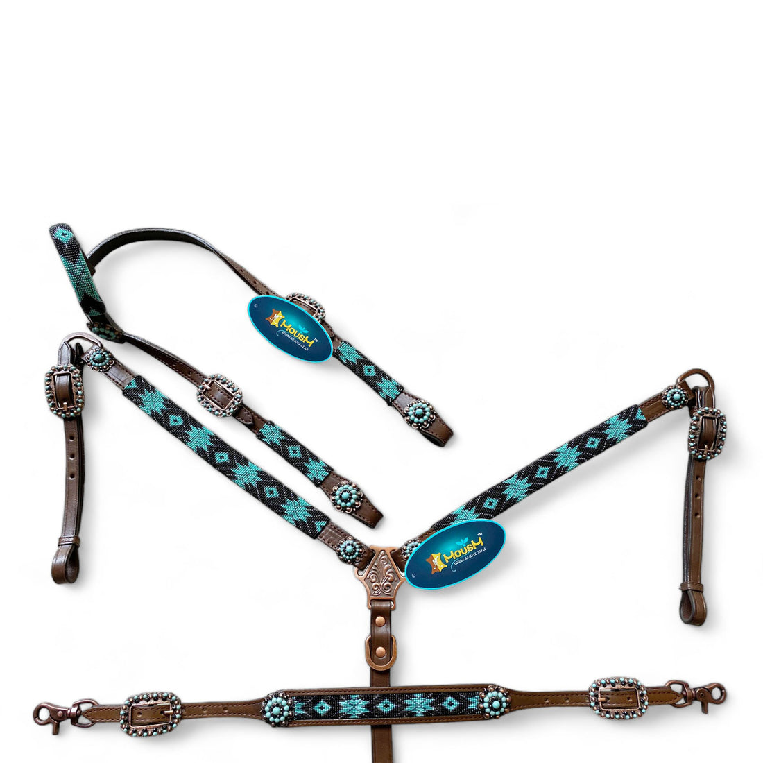 MOUSM Argentina Cow Leather Headstall &amp; Breast Collar with Wither Strap – Western Horse Tack Set with Turquoise &amp; Brown Beaded Geometrical Pattern and Rhinestone Conchos