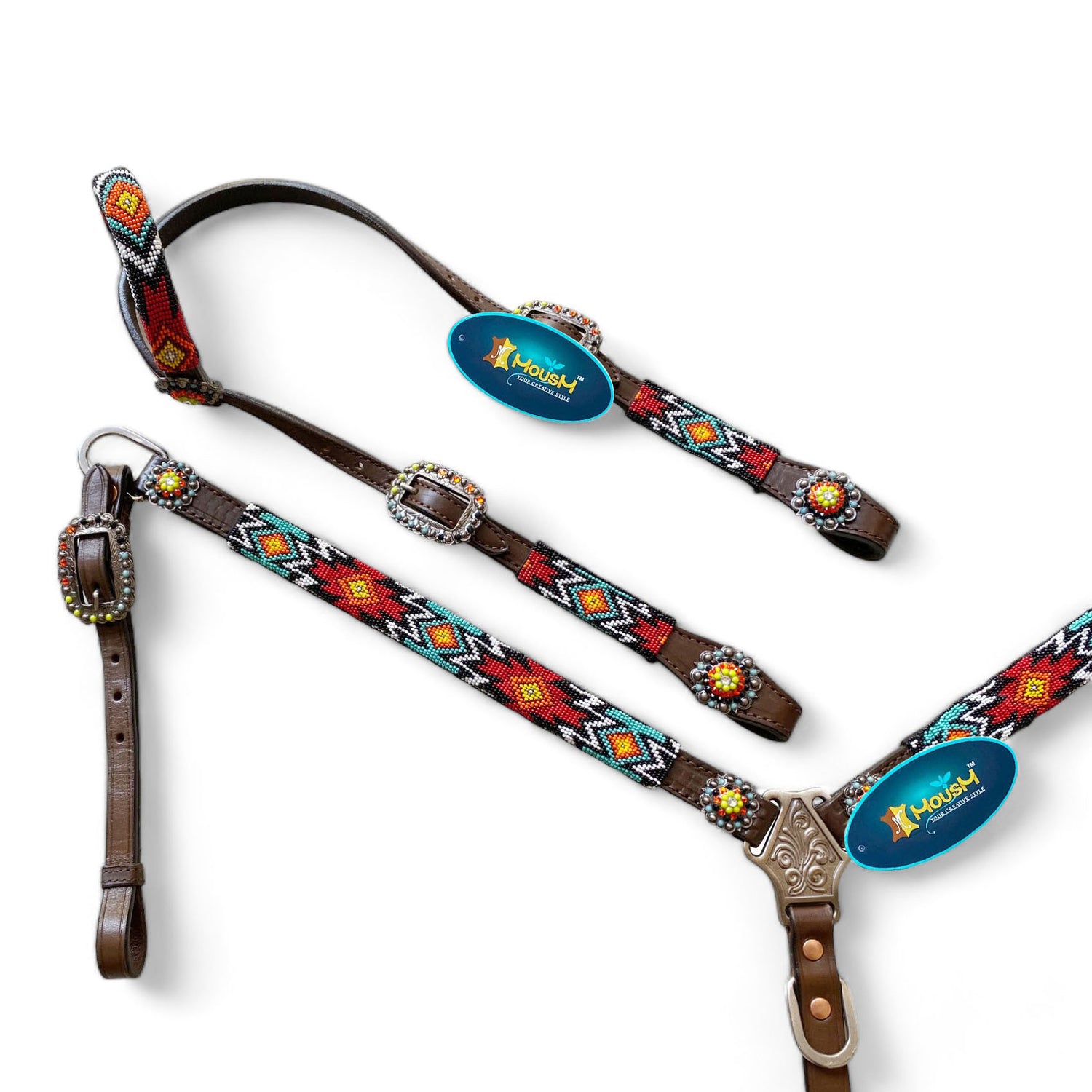 MOUSM Argentina Cow Leather Headstall &amp; Breast Collar with Wither Strap – Western Horse Tack Set with Turquoise &amp; Red Beaded Aztec Pattern and Rhinestones Conchos