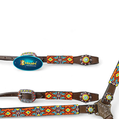 MOUSM Western Headstall and Breast Collar with Wither Strap Tack Set - Argentina Cow Leather Horse Tack Set with Intricate Geometric Vibrant Colour Hand Beaded Work, Antique Nickel Hardware