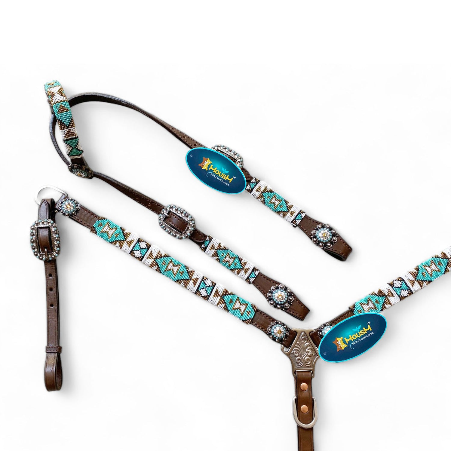 MOUSM Western Headstall &amp; Breast Collar Set – Decorated with Argentina Cow Leather with Turquoise &amp; White Hand-Beaded  Southwestern Pattern &amp; Rhinestone Buckles