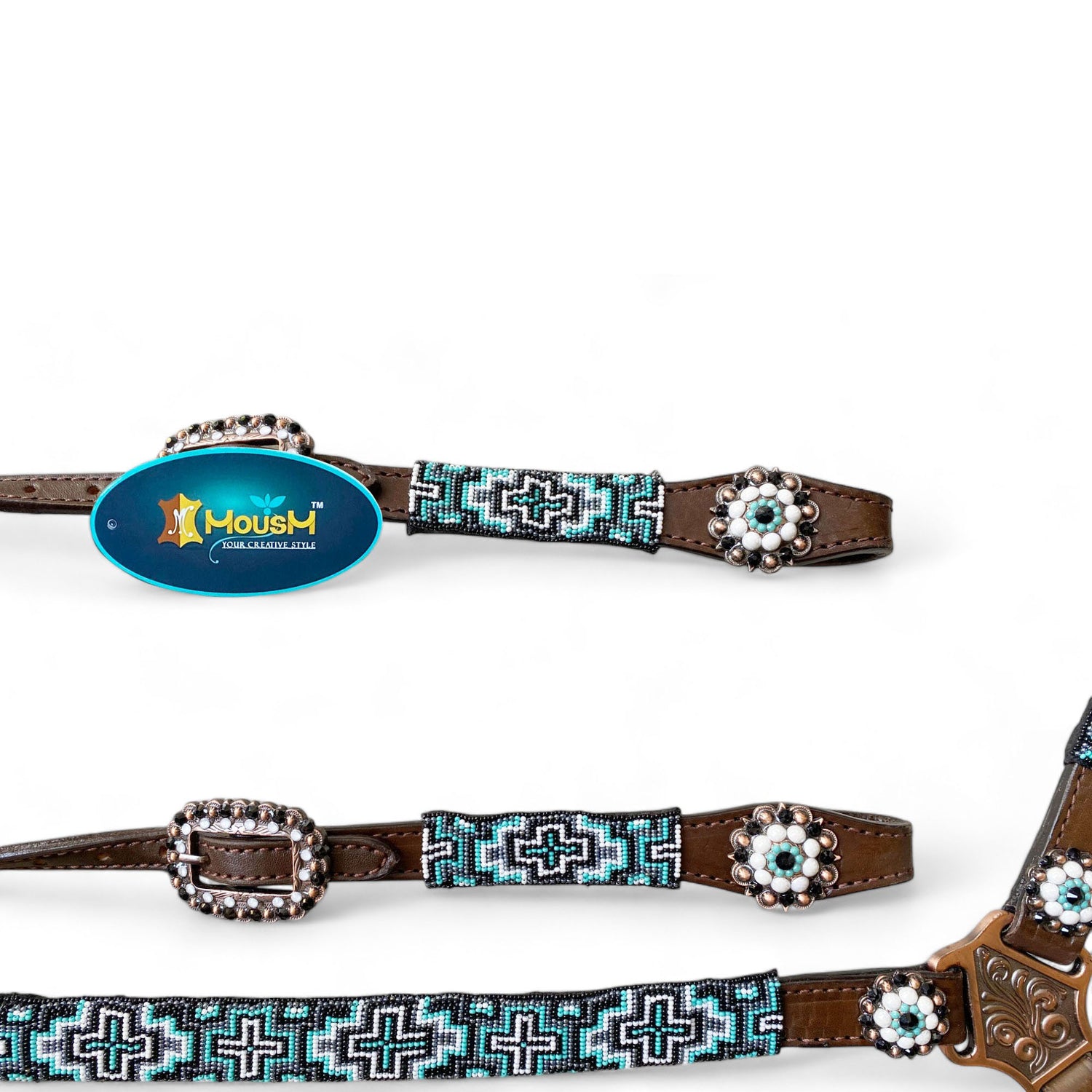 MOUSM Argentina Cow Leather Headstall &amp; Breast Collar with Wither Strap – Western Leather Tack Set with Turquoise Beaded Southeastern Pattern &amp; Matching Conchos