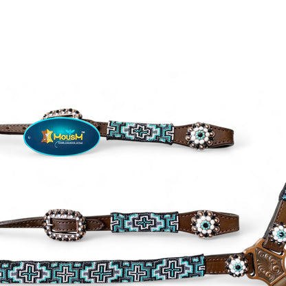 MOUSM Argentina Cow Leather Headstall &amp; Breast Collar with Wither Strap – Western Leather Tack Set with Turquoise Beaded Southeastern Pattern &amp; Matching Conchos