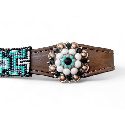 MOUSM Argentina Cow Leather Headstall &amp; Breast Collar with Wither Strap – Western Leather Tack Set with Turquoise Beaded Southeastern Pattern &amp; Matching Conchos