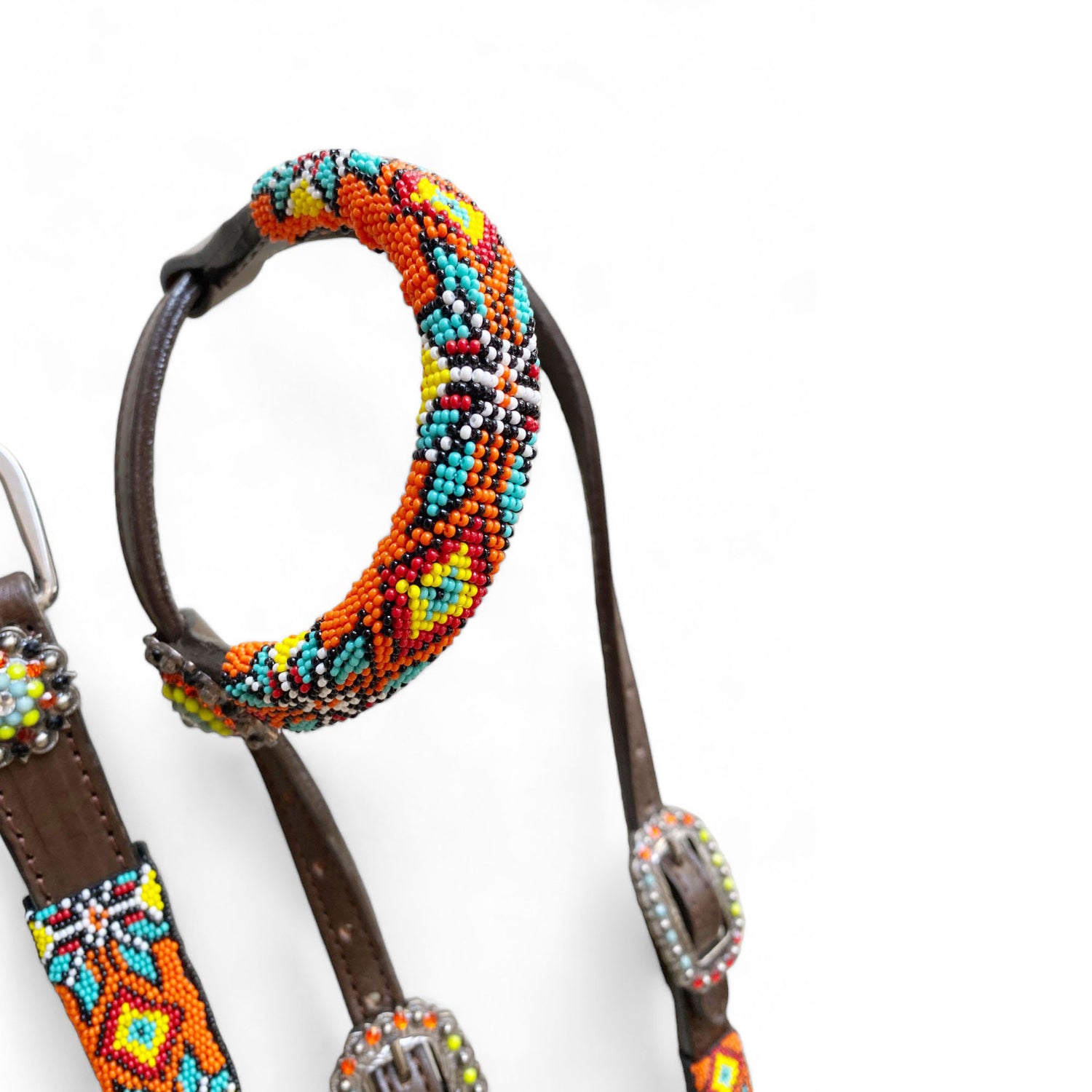 MOUSM Western Headstall and Breast Collar with Wither Strap Tack Set - Argentina Cow Leather Horse Tack Set with Intricate Geometric Vibrant Colour Hand Beaded Work, Antique Nickel Hardware