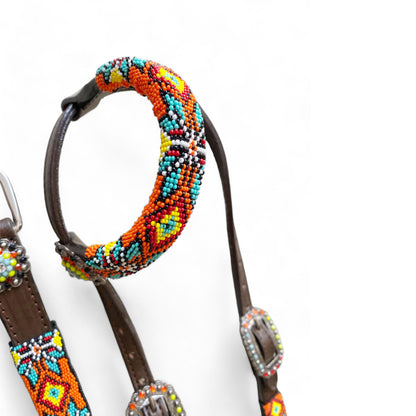 MOUSM Western Headstall and Breast Collar with Wither Strap Tack Set - Argentina Cow Leather Horse Tack Set with Intricate Geometric Vibrant Colour Hand Beaded Work, Antique Nickel Hardware