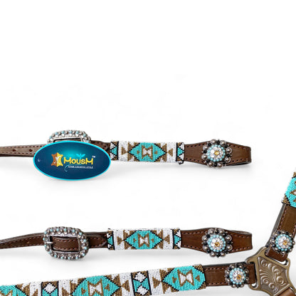 MOUSM Western Headstall &amp; Breast Collar Set – Decorated with Argentina Cow Leather with Turquoise &amp; White Hand-Beaded  Southwestern Pattern &amp; Rhinestone Buckles