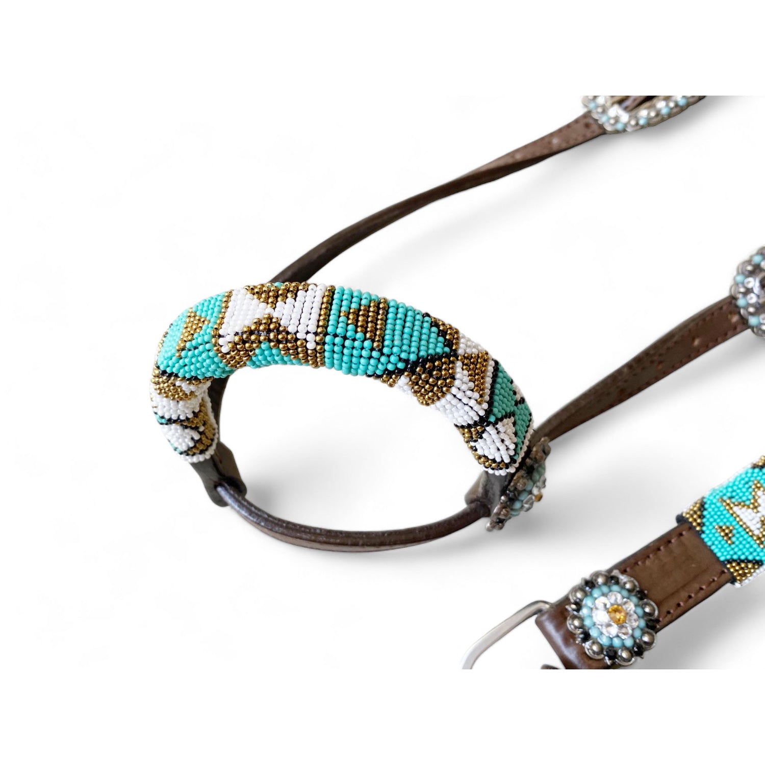 MOUSM Western Headstall &amp; Breast Collar Set – Decorated with Argentina Cow Leather with Turquoise &amp; White Hand-Beaded  Southwestern Pattern &amp; Rhinestone Buckles
