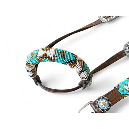 MOUSM Western Headstall &amp; Breast Collar Set – Decorated with Argentina Cow Leather with Turquoise &amp; White Hand-Beaded  Southwestern Pattern &amp; Rhinestone Buckles