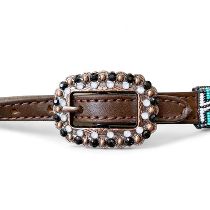 MOUSM Argentina Cow Leather Headstall &amp; Breast Collar with Wither Strap – Western Leather Tack Set with Turquoise Beaded Southeastern Pattern &amp; Matching Conchos