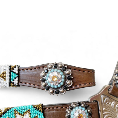 MOUSM Western Headstall &amp; Breast Collar Set – Decorated with Argentina Cow Leather with Turquoise &amp; White Hand-Beaded  Southwestern Pattern &amp; Rhinestone Buckles