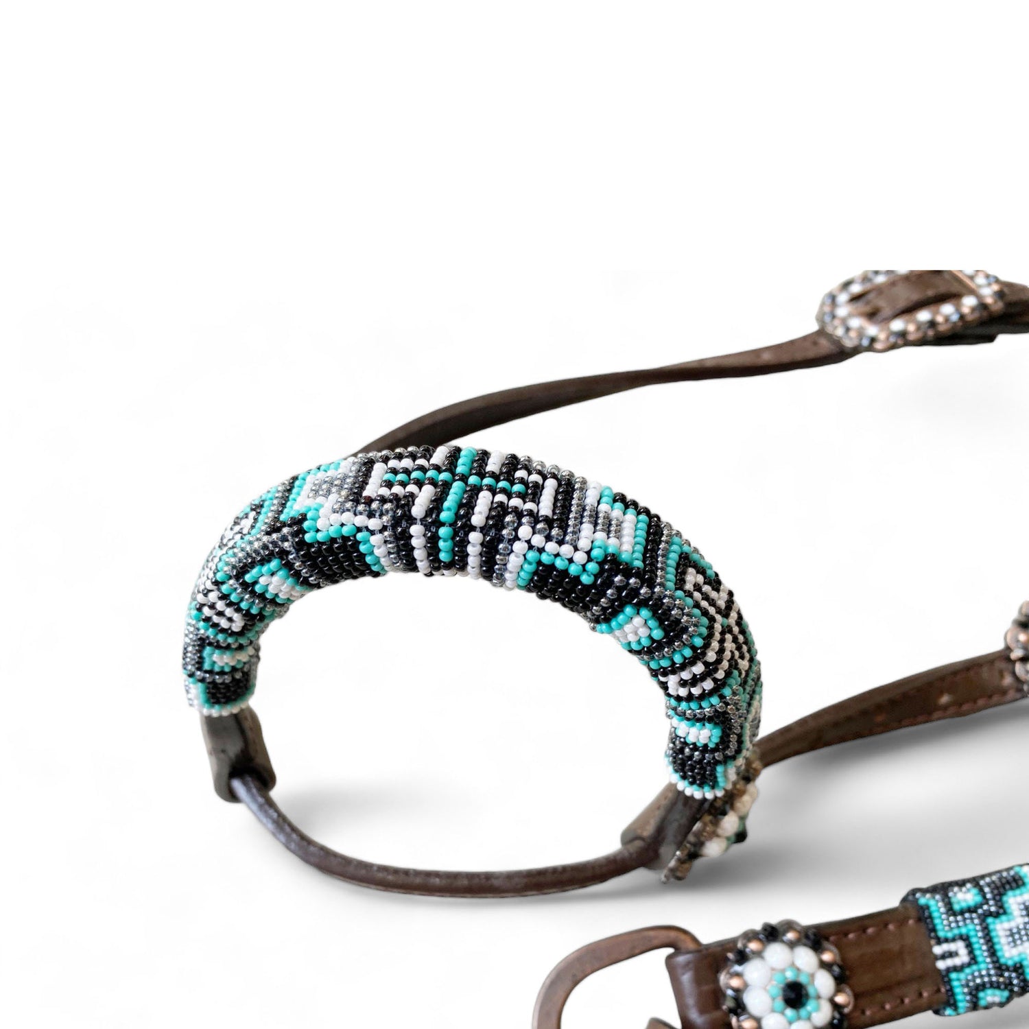 MOUSM Argentina Cow Leather Headstall &amp; Breast Collar with Wither Strap – Western Leather Tack Set with Turquoise Beaded Southeastern Pattern &amp; Matching Conchos