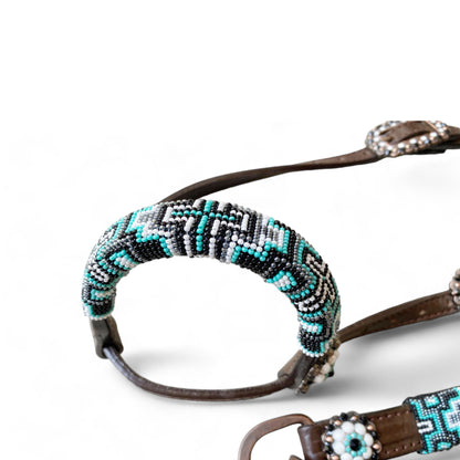 MOUSM Argentina Cow Leather Headstall &amp; Breast Collar with Wither Strap – Western Leather Tack Set with Turquoise Beaded Southeastern Pattern &amp; Matching Conchos
