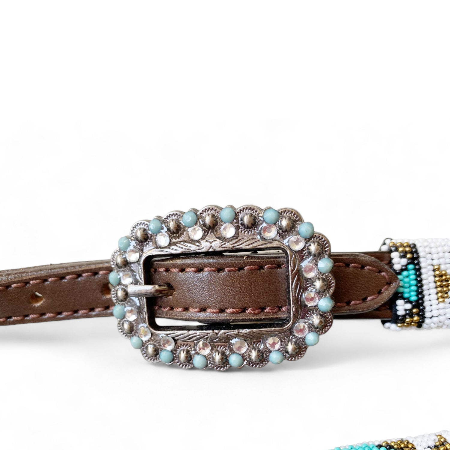 MOUSM Western Headstall &amp; Breast Collar Set – Decorated with Argentina Cow Leather with Turquoise &amp; White Hand-Beaded  Southwestern Pattern &amp; Rhinestone Buckles
