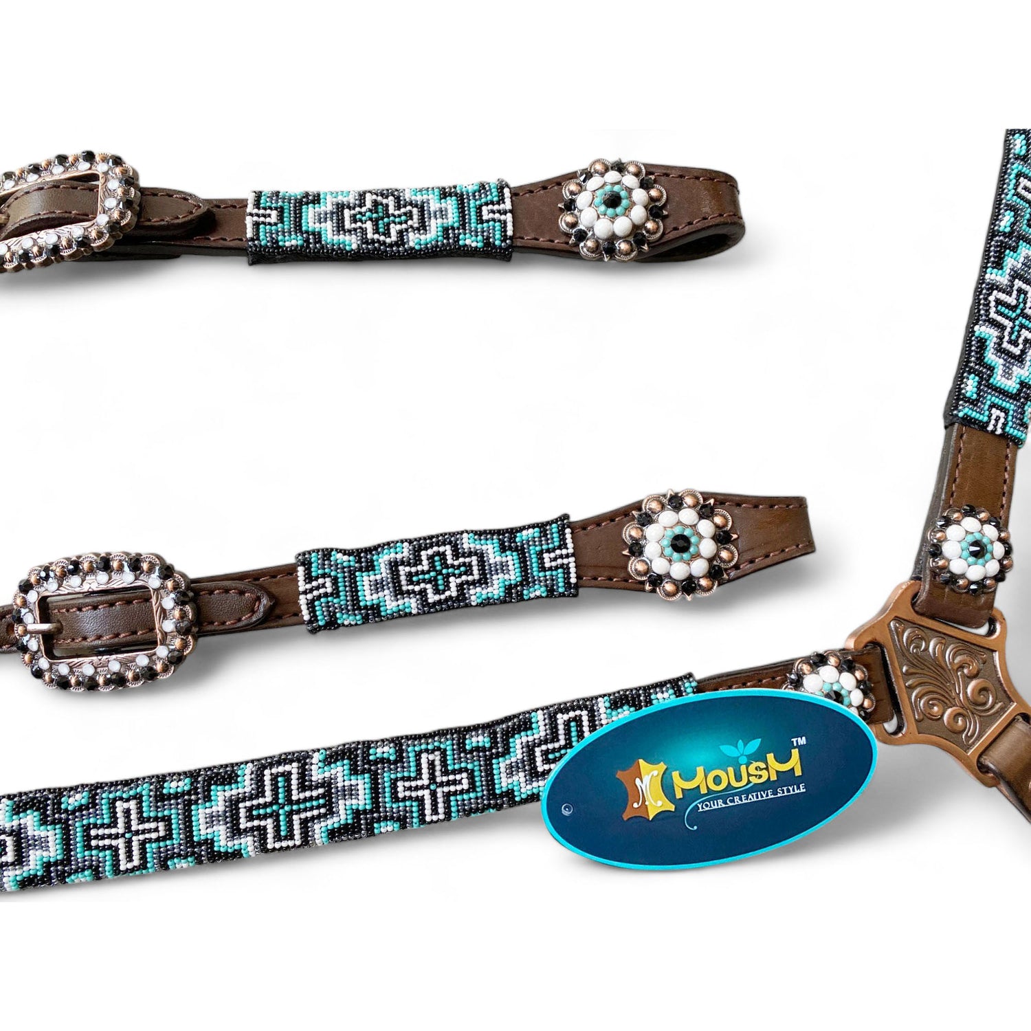 MOUSM Argentina Cow Leather Headstall &amp; Breast Collar with Wither Strap – Western Leather Tack Set with Turquoise Beaded Southeastern Pattern &amp; Matching Conchos