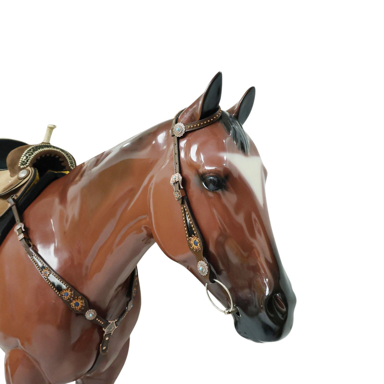 MOUSM Argentina Cow Leather Headstall &amp; Breast Collar Set – Western Horse Tack Set Decorated with Real Cowhide Inlay and Hand-Tooled Sunflower Engraved Conchos
