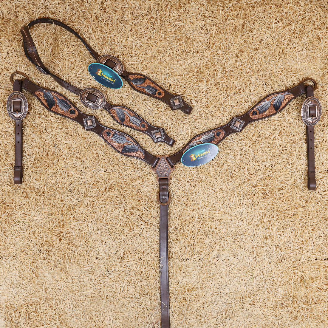 MOUSM Western Headstall &amp; Breast Collar Set – Made from Argentina Cow Leather, Crafted Hand-Tooled &amp; Hand-Painted Feather Carving, Square Berry Conchos