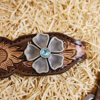 MOUSM Argentina Cow Leather Headstall and Breast Collar Set, Western Bridle Sets Hand-Carved Floral &amp; Geometric Detailing with Golden Rawhide Braiding