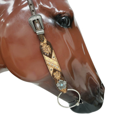 MOUSM Argentina Cow Leather Headstall and Breast Collar Set, Western Bridle Sets Hand-Carved Floral &amp; Geometric Detailing with Golden Rawhide Braiding