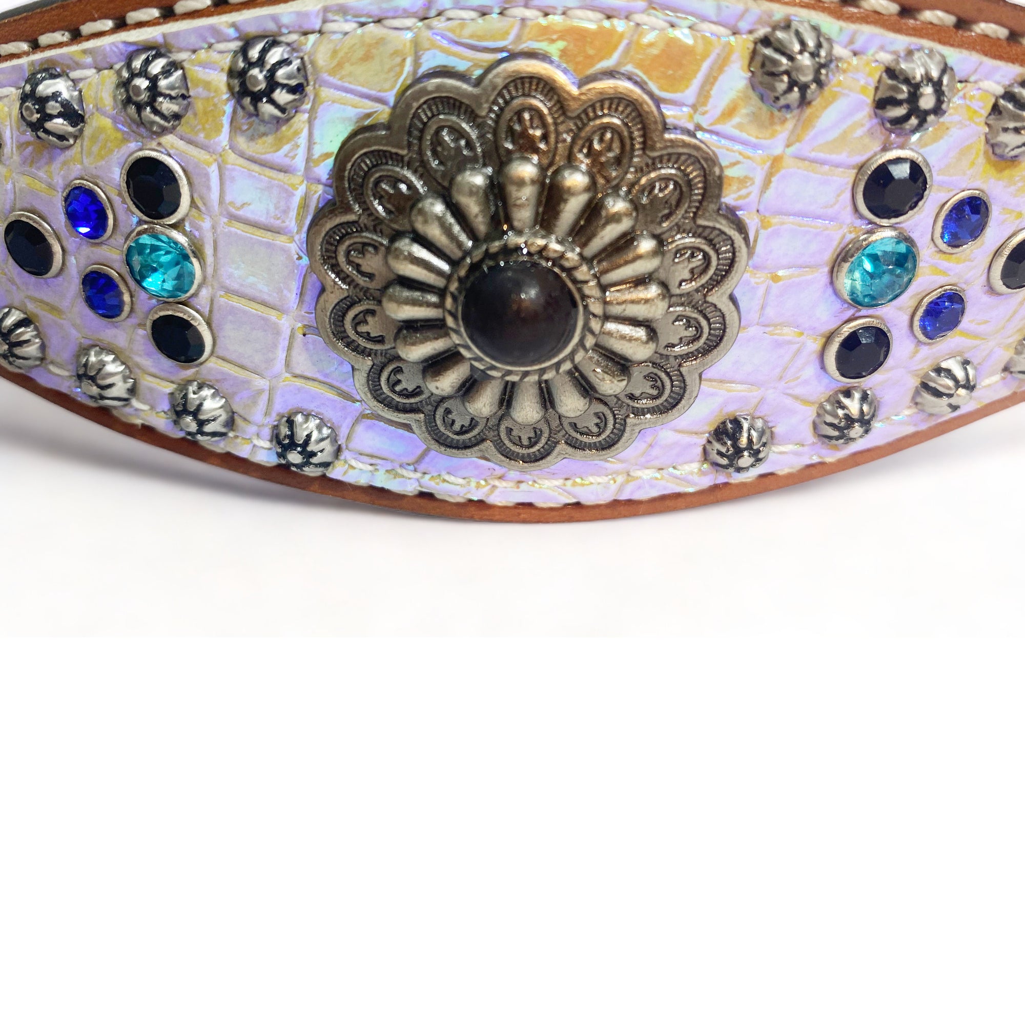 MOUSM Western Wither Strap – Stylish Horse Tack Accessory Decorated with Holographic Alligator Leather, Rhinestones, Sunburst Studs, and Antique Nickel Conchos