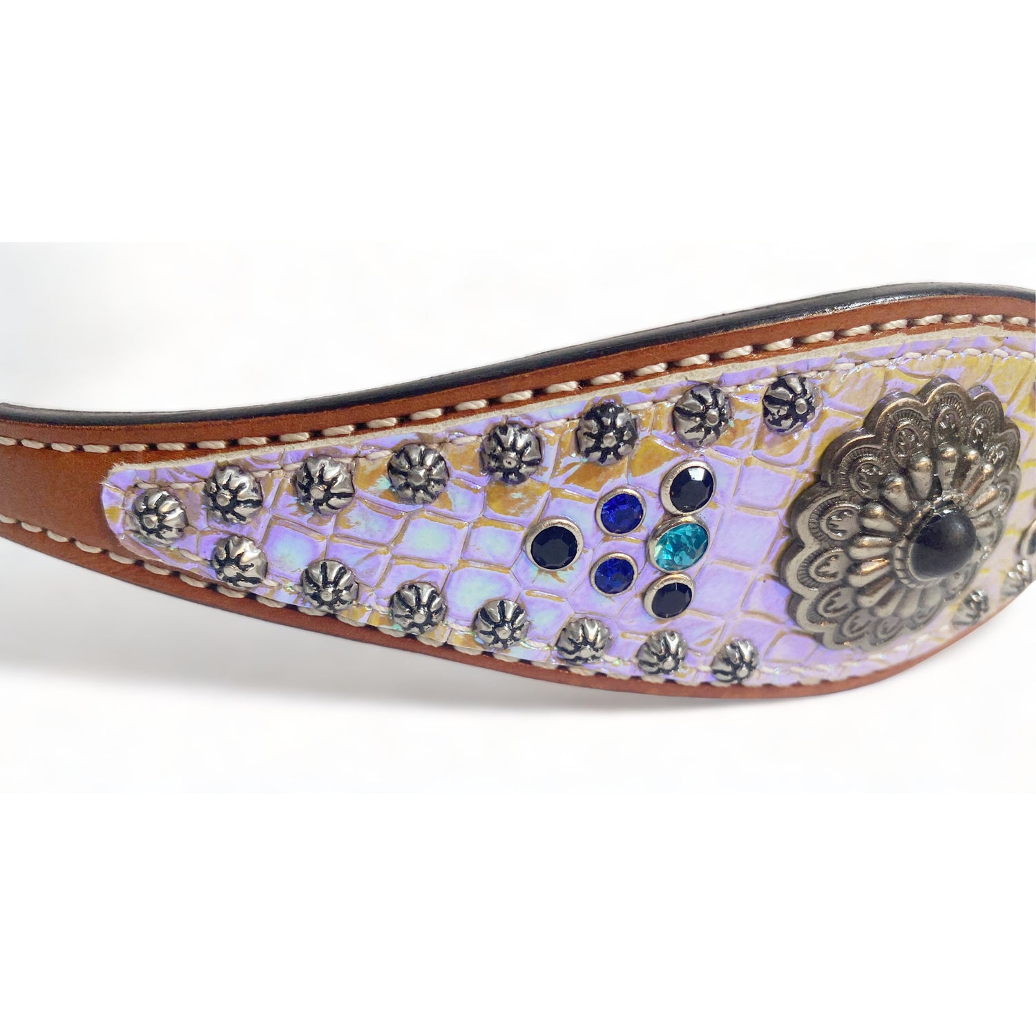 MOUSM Western Wither Strap – Stylish Horse Tack Accessory Decorated with Holographic Alligator Leather, Rhinestones, Sunburst Studs, and Antique Nickel Conchos