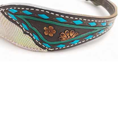 MOUSM MOUSM Western Wither Strap - Stylish Horse Tack Accessory Decorated with Holographic Snake Print Leather, Turquoise Buckstitch &amp; Floral Carving