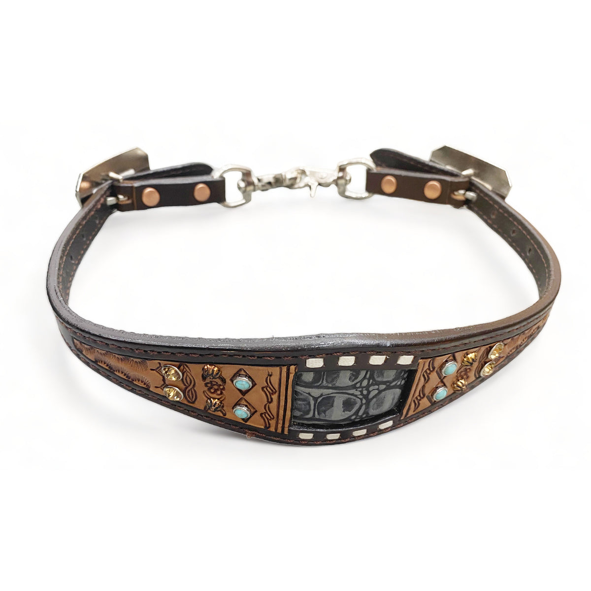 MOUSM Western Wither Strap - Stylish Horse Tack Accessory Decorated with Buck Stitching, Grey Alligator Inlay and Boner Tooling with Rhinestones and Sunburst Studs
