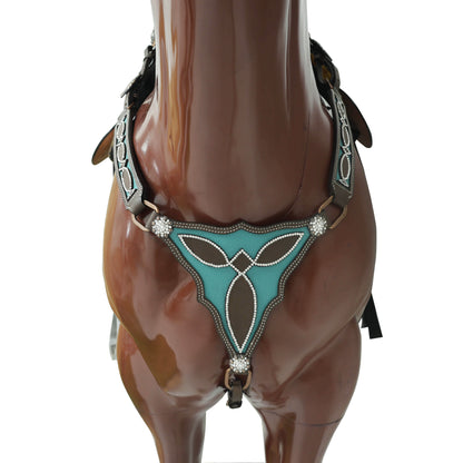 western leather breast collar set with turquoise leather base and rhinestone berry conchos