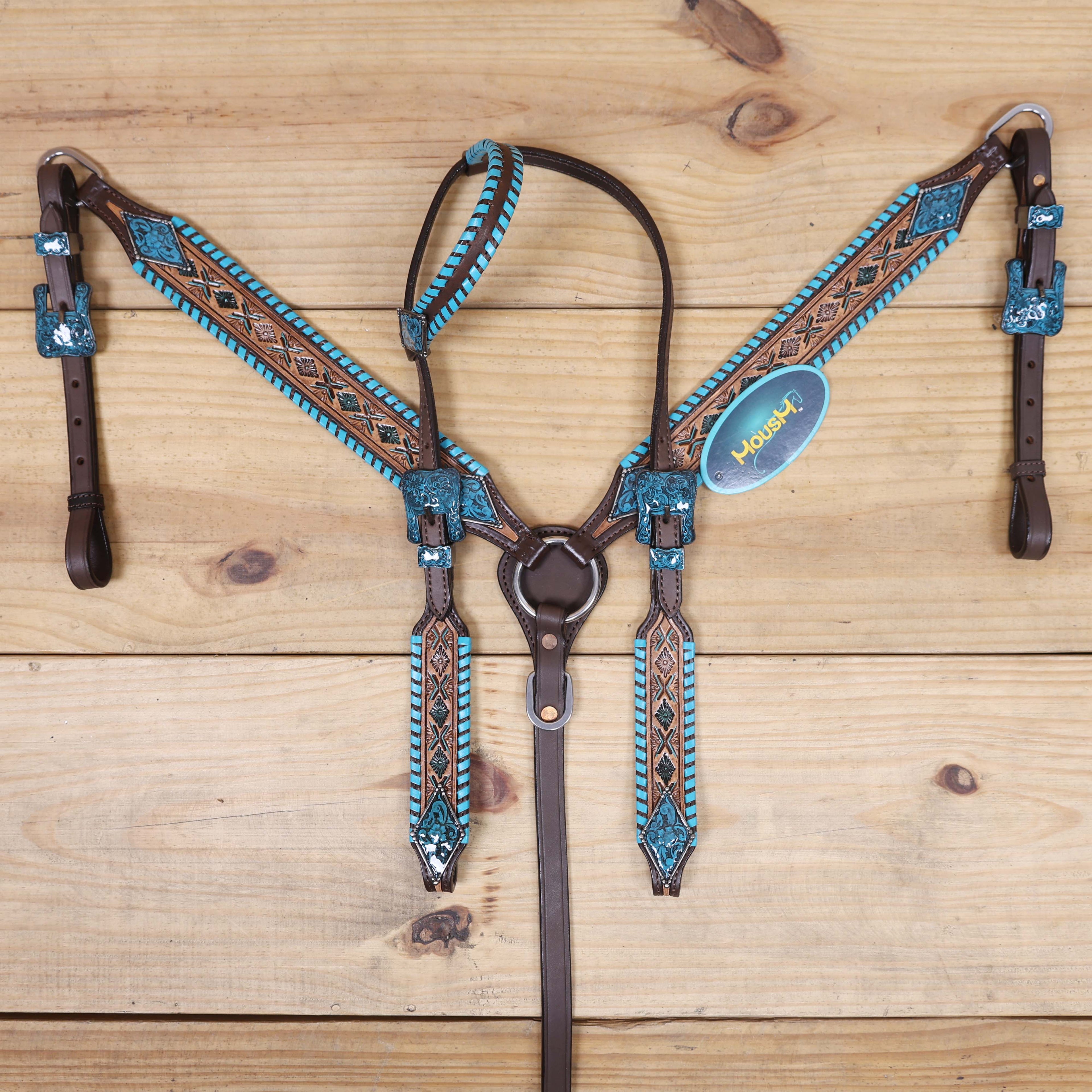 handcrafted argentina cow leather tack set with geometric border tooling and turquoise stitching