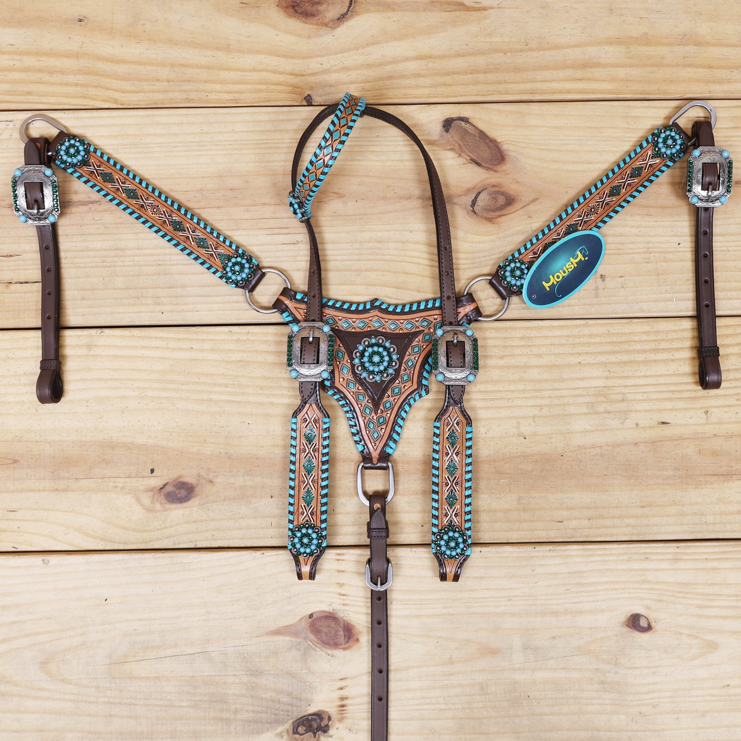western headstall set featuring one ear design with whip stitching along the edges and geometrical carving