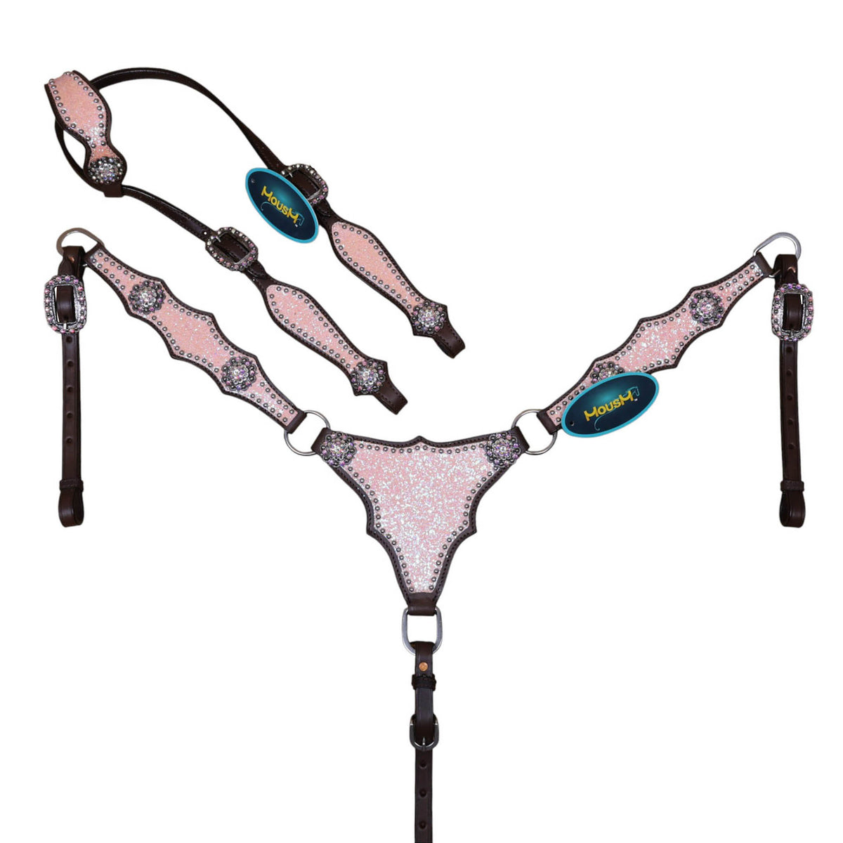 light pink and peach glitter Western horse tack set with Argentina cow leather, alligator design, rhinestone conchos and silver studs.