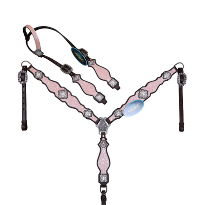 Light pink Glitter Western tack crafted from Genuine Argentina Cow Leather, featuring rhinestone conchos, silver studs and antique nickel hardware.